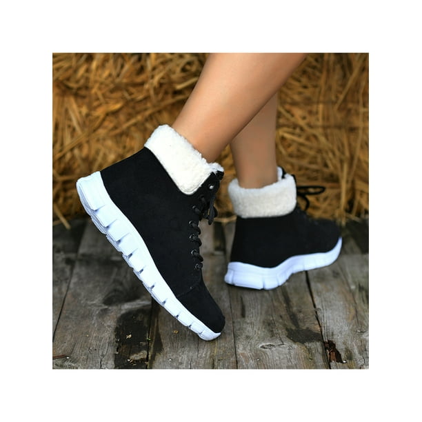 Woobling Womens Ankle Booties Casual Warm Shoes Lace Up Winter Boot Breathable Snow Boots Ladies Lapel Plush Lined Black 5.5