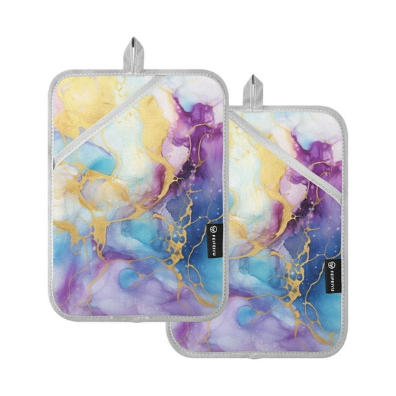 ALAZA Purple and Gold Blue Marble Pot Holders Set of 2 Heat Resistant Kitchen Oven Mitts