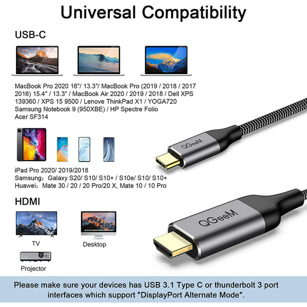 Gade Optøjer tømmerflåde USB C to HDMI Cable,QGeeM Type C to HDMI Adapter Cable 4FT Braided 4K@60Hz  (Thunderbolt 3 Compatible)Compatible with MacBook Pro 2020, iPad Pro 2020,  Samsung Galaxy S20/ S10, Dell XPS 13/15, and