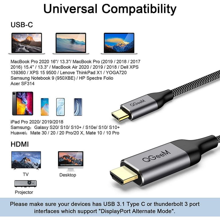 QGeeM USB C to HDMI Adapter 4K Cable, Portable USB Type-C to HDMI Adapter  [Thunderbolt 3/4] for MacBook Pro/Air, iPhone 15 Pro Max, Dell XPS