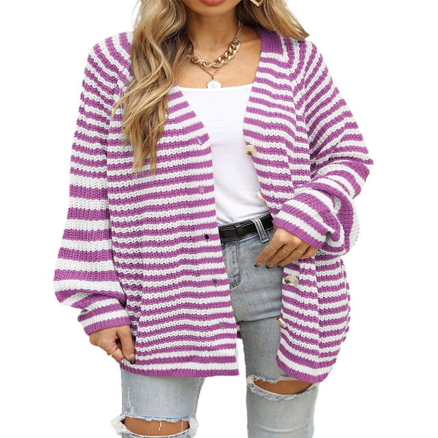 Cardigan Sweaters for Women Color Block Long Sleeve V Neck Sweater Fashion Kint Striped Open Front Button Outerwear
