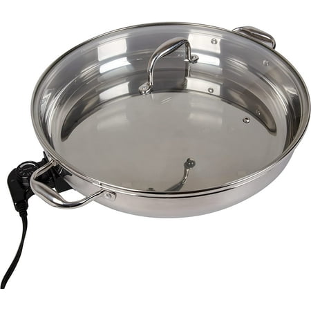 

Electric Skillet By Cucina Pro - 18/10 Stainless Steel Frying Pan with Tempered Glass Lid 16 Round with Temperature Control Probe