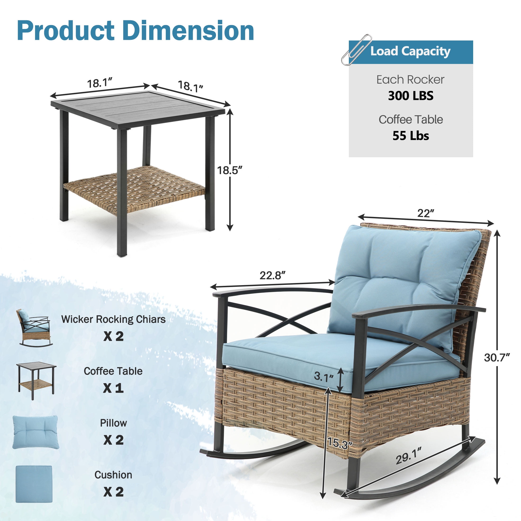 Segmart 3PCS Patio Rocking Bistro Chairs Set, Front Porch Furniture Sets with Cushions,Outdoor Rattan Wicker Sofa Chairs and Table,250Ibs, Blue
