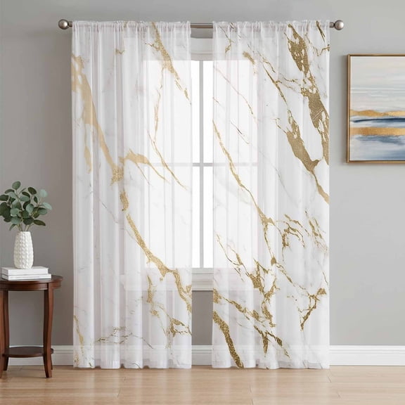 White Gold Abstract Sheer Curtains 84 Inch Length 2 Panels Set, Modern Marble Geometric Voile Window Treatment Rod Pocket Curtains Sheers Drapes for Bedroom/Living Room/Kitchen 52"x84"x2