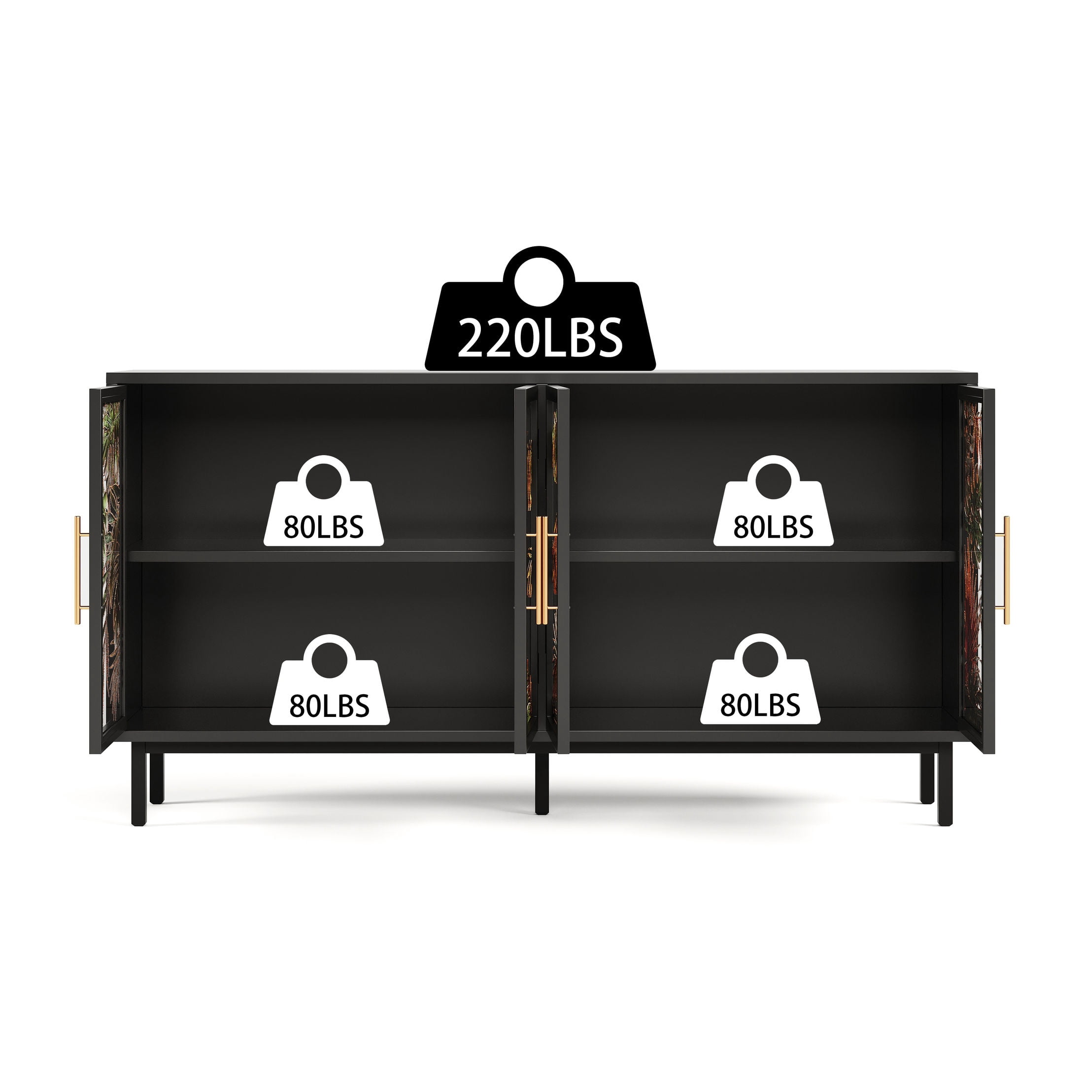 Noble House 60.4" Wooden Buffet Cabinet with Tropical Plant Glazed Glass Doors, Retro Storage Console Table, Black