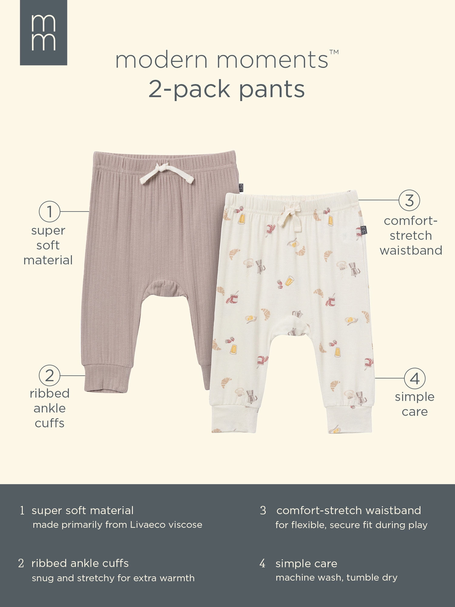 Modern Moments by Gerber Baby Neutral Super Soft Viscose Pants, 2-Pack, Sizes Newborn - 12 Months