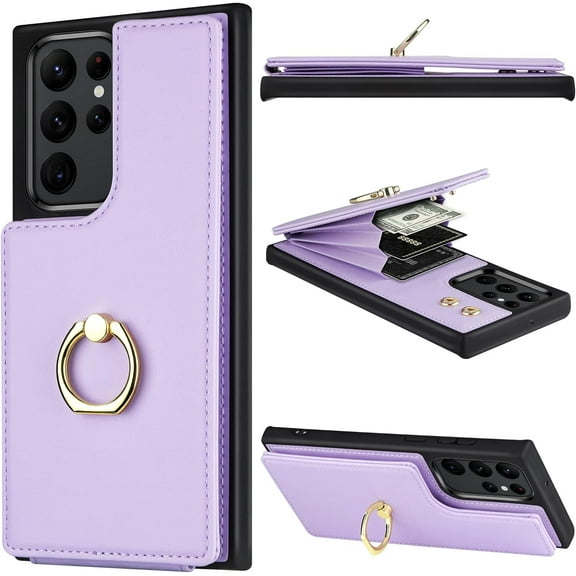 Galaxy S22 Ultra Wallet Case with Card Holder 360°Rotation Ring Stand Kickstand Women Girls PU Leather Double Buttons Flip Cover RFID Blocking Protective Case Violet