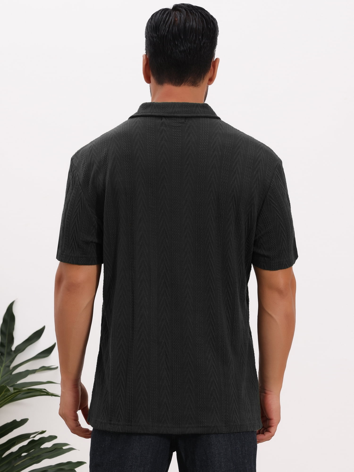 DARING DIVA Men's Jacquard Short Sleeve Button Down Collared Polo Shirts S Black