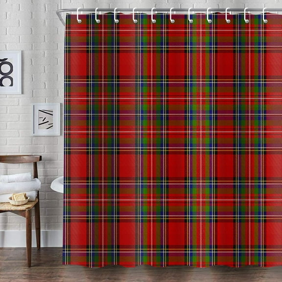 Christmas Red and Green Buffalo Plaid Shower Curtain, Merry Christmas Cloth Fabric Bathroom Decor Set with Hooks, 69" W x 70" L