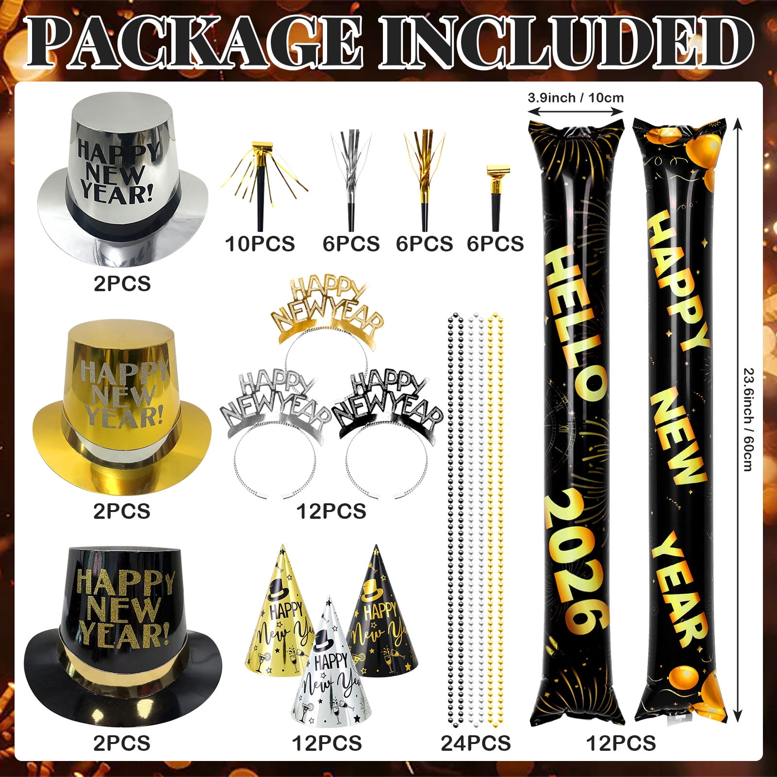 Tumao New Years Eve Decorations 2026, New Year Party Hats, Headbands, Bead Necklace, Balloon, Partyy Blowouts for Black Gold new years Eve Decorations 2026 Party Accessories
