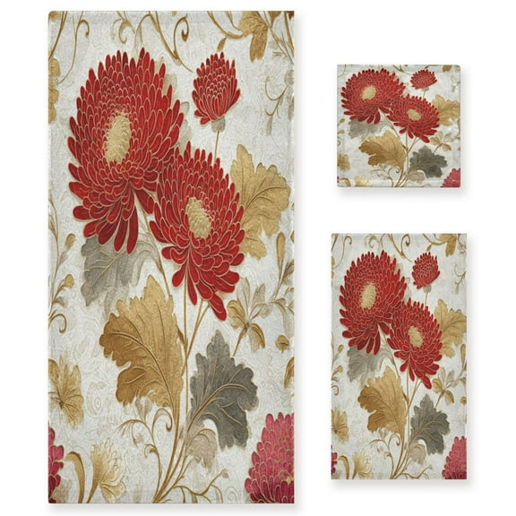 3 Piece Bath Towels Set Bath Towel, Hand Towel and Face Towel for Bathroom, Gym, Hotel Red Chrysanthemum Pattern