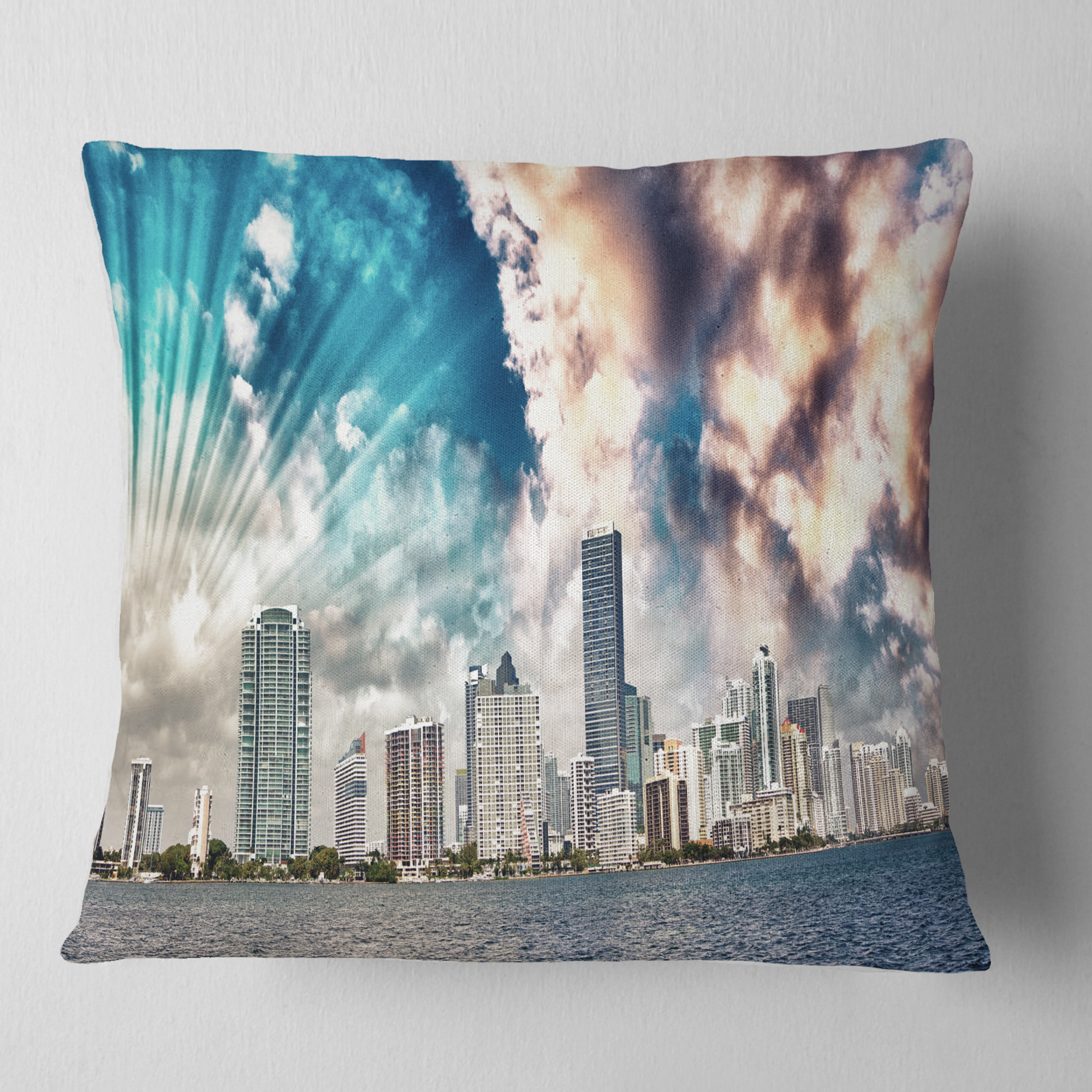 Designart Miami Skyline with Clouds - Cityscape Photo Throw Pillow - 16x16