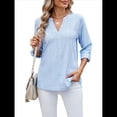 thumbnail image 3 of Blusas Casuales con Cuello en V y Ojales Bordados para Mujer, Blusas Playeras Elegantes. Azul M, 3 of 10