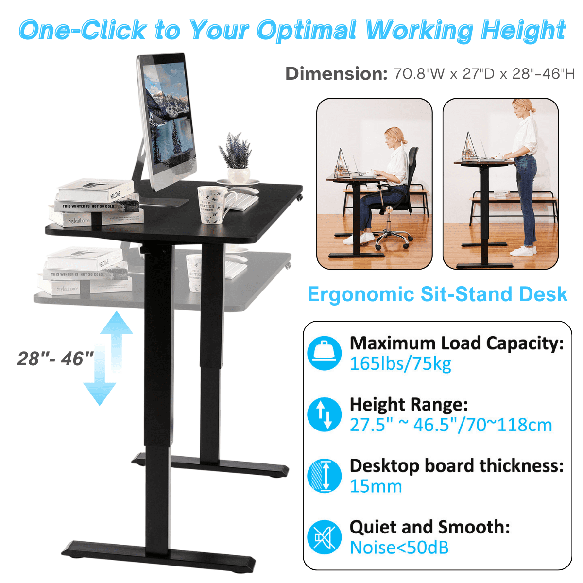 Legooin Movable Standing Desk 70"W Adjustable Height Work Table 28"-46"H Computer Table, Black