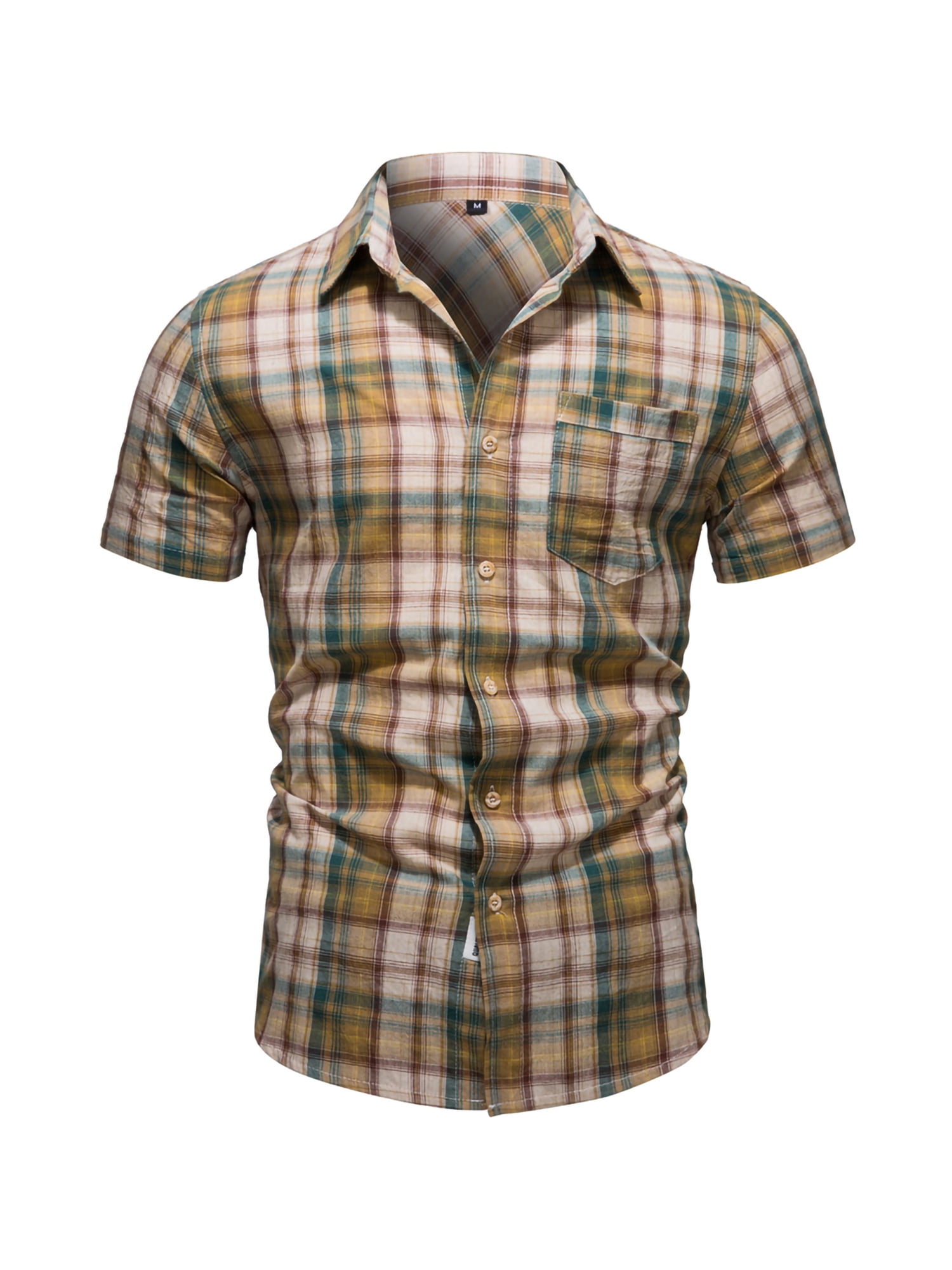 Faithtur Men?s Tops Plaid Turn-Down Collar Short Sleeve Button Down Shirt for Spring Summer, S/M/L/XL/XXL