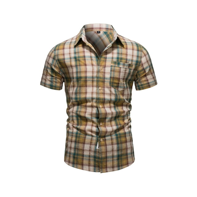 Faithtur Men?s Tops Plaid Turn-Down Collar Short Sleeve Button Down Shirt for Spring Summer, S/M/L/XL/XXL