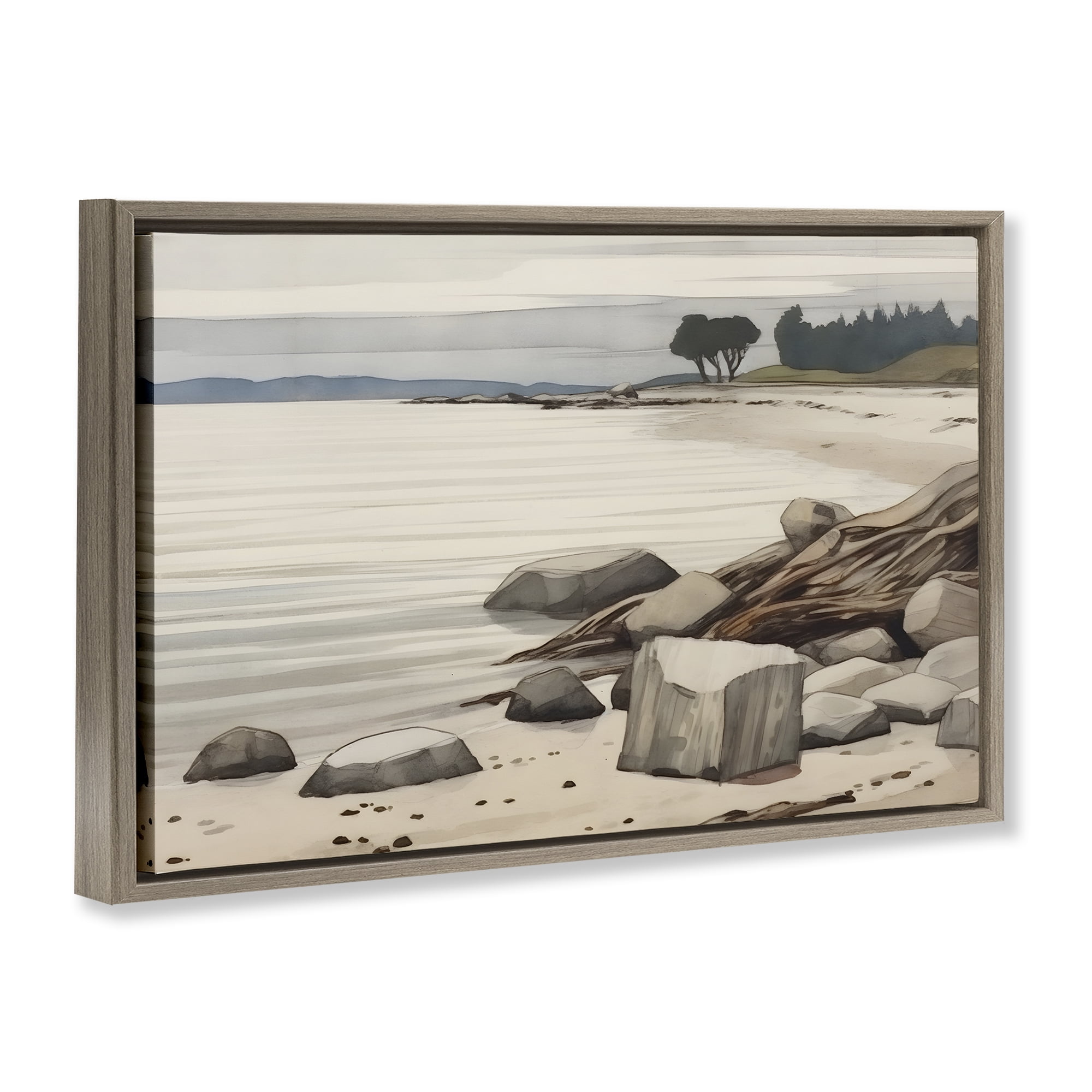 Stupell Industries Beach Rock View Landscape & Nature Painting Brown Floater Framed Canvas Art Print Wall Art, 25 x 17
