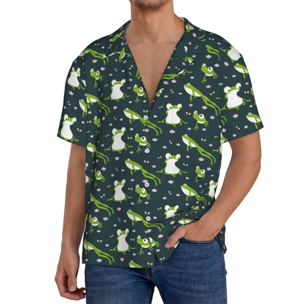 Fotbe Green Frogs Camisa Estampada de Manga Corta para Hombre, Casual de Verano, Estilo Playero, Sin Arrugas-3X-Large