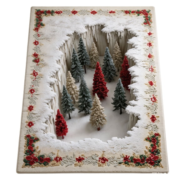 3D Winter Christmas Illusion Area Rug, Crystal Velvet and Snowy Pine Tree Design, 20 X 32 Inch Crystal Velvet Floor Mat