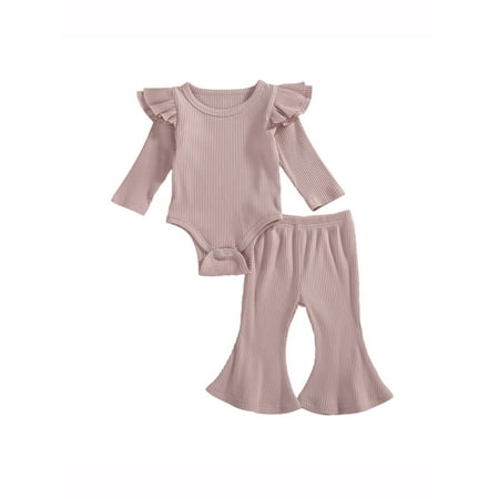 

0-24M Autumn Newborn Ruffles Long Sleeve Rompers Tops+Flare Pants Girls Casual Ribbed Knitted Outfits