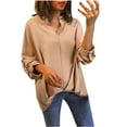 thumbnail image 2 of Women's Solid Color Lantern Sleeve Cotton Linen Shirt Long Sleeved Round Neck Top, Casual Loose Fit Batwing Sleeve Shirt, Comfortable Lightweight Top for Women, 2 of 4