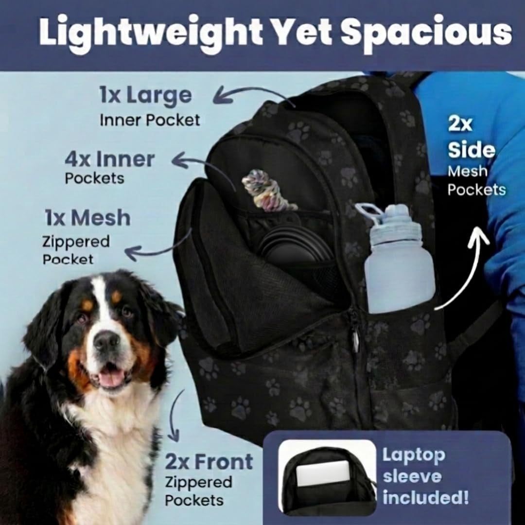 Dog Travel Bag for Supplies - Backpack with 2 Collapsible Dog Bowls, Food Bag, Treat Pouch: Black Paw Print