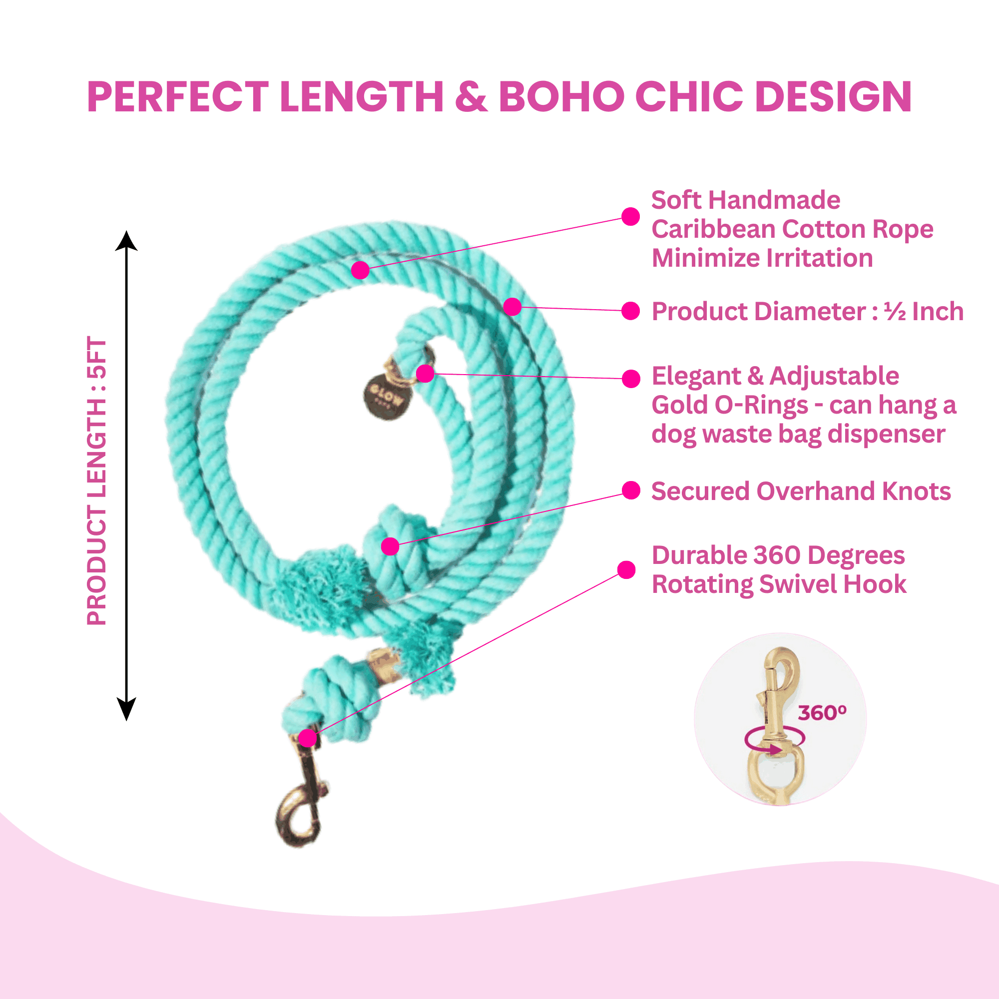 Glow Pups Boho Chic Style Rope Leashes 1 in Cotton Boho Chic Dog Standard Leash, White