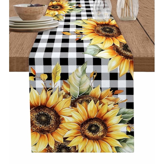 Ldtrchee Sunflower Plaid Table Runner 48 Inches, Retro Floral Buffalo Black Country Plant Bed Runner Dresser Scarves Tabletop for Indoor Outdoor Parties/Ceremony/Banquet, 13" x 48"