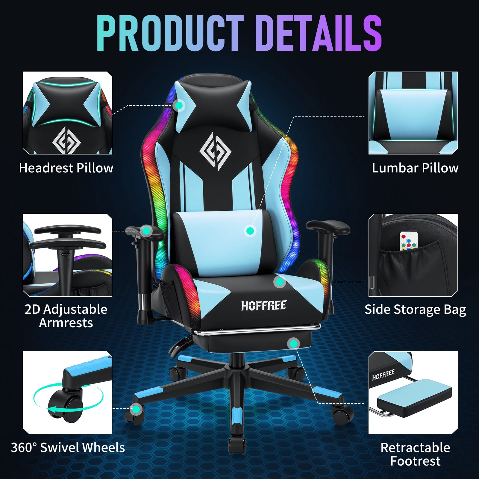 Hoffree LED Gaming Chair for Kids 8-14 Gaming Chairs for Teens with Adjustable Headrest and Lumbar Support Ergonomic PU Leather Kids Gaming Chair with Led Lights