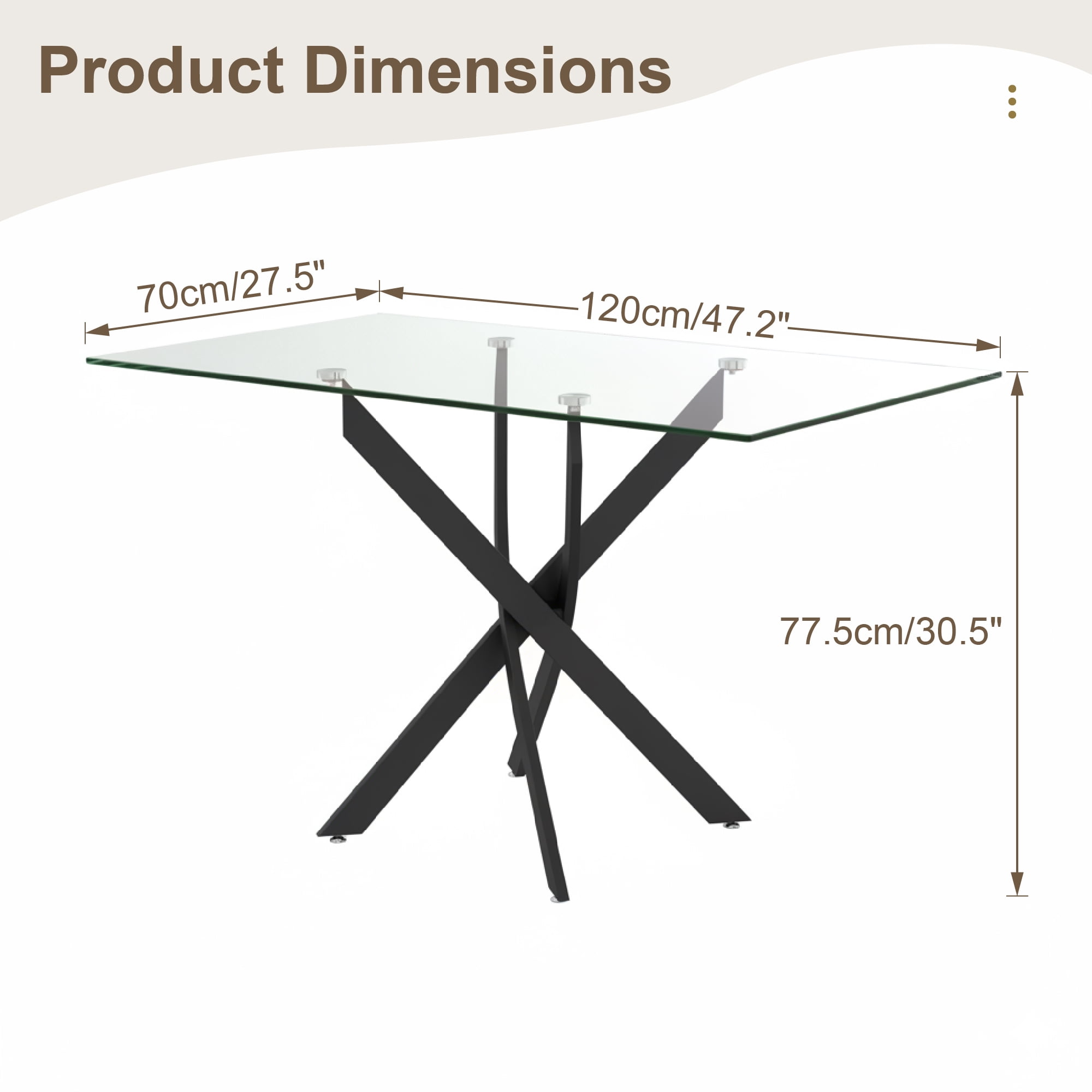 Garitin Dining Table and Rectangular Glass Top Kitchen Table 47.24 Inch, Modern Center Table with Black Metal Legs for Dining Room, Black