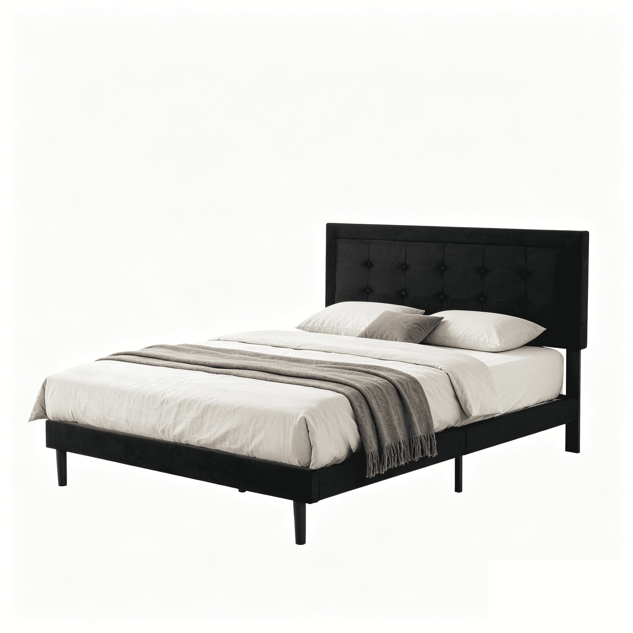 Gewnee Full Size Platform Bed Frame, Velvet Square Tufted Upholstered Headboard, Wood Slats with Center Support Leg, Easy Assembly, Bedroom Furniture, Black