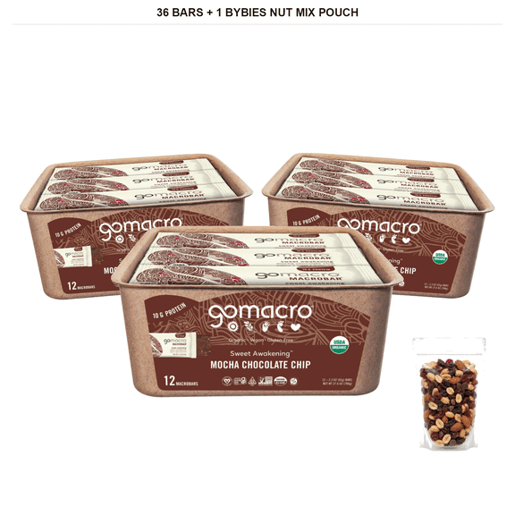 GoMacro Mocha Chocolate Chip MacroBars, 36 Bars x 2.3 oz + 1x Bybies Nut Mix Pouch, 2 oz