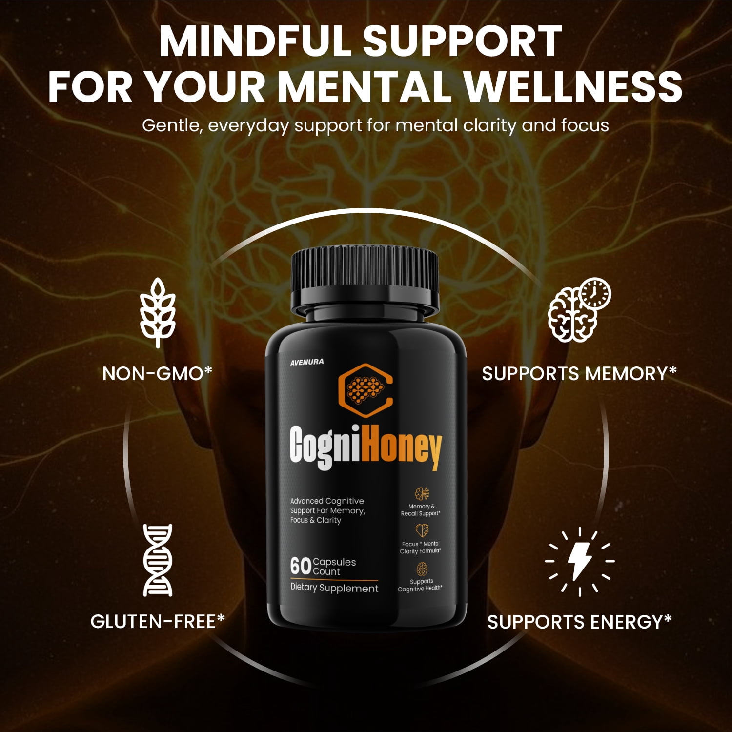 CogniHoney Capsules – Cogni Honey Natural Blend Memory Focus Brain Support Supplement, 5 Pack, 300 Capsules