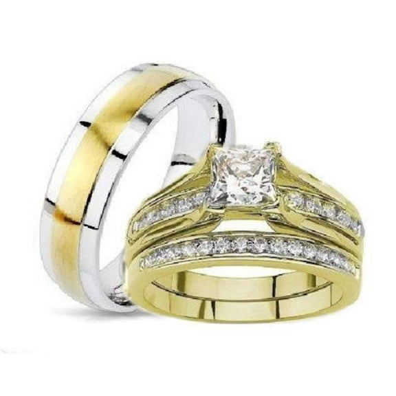 His Hers Princess Cut Wedding Ring Set Yellow Gold Plated Stainless Steel