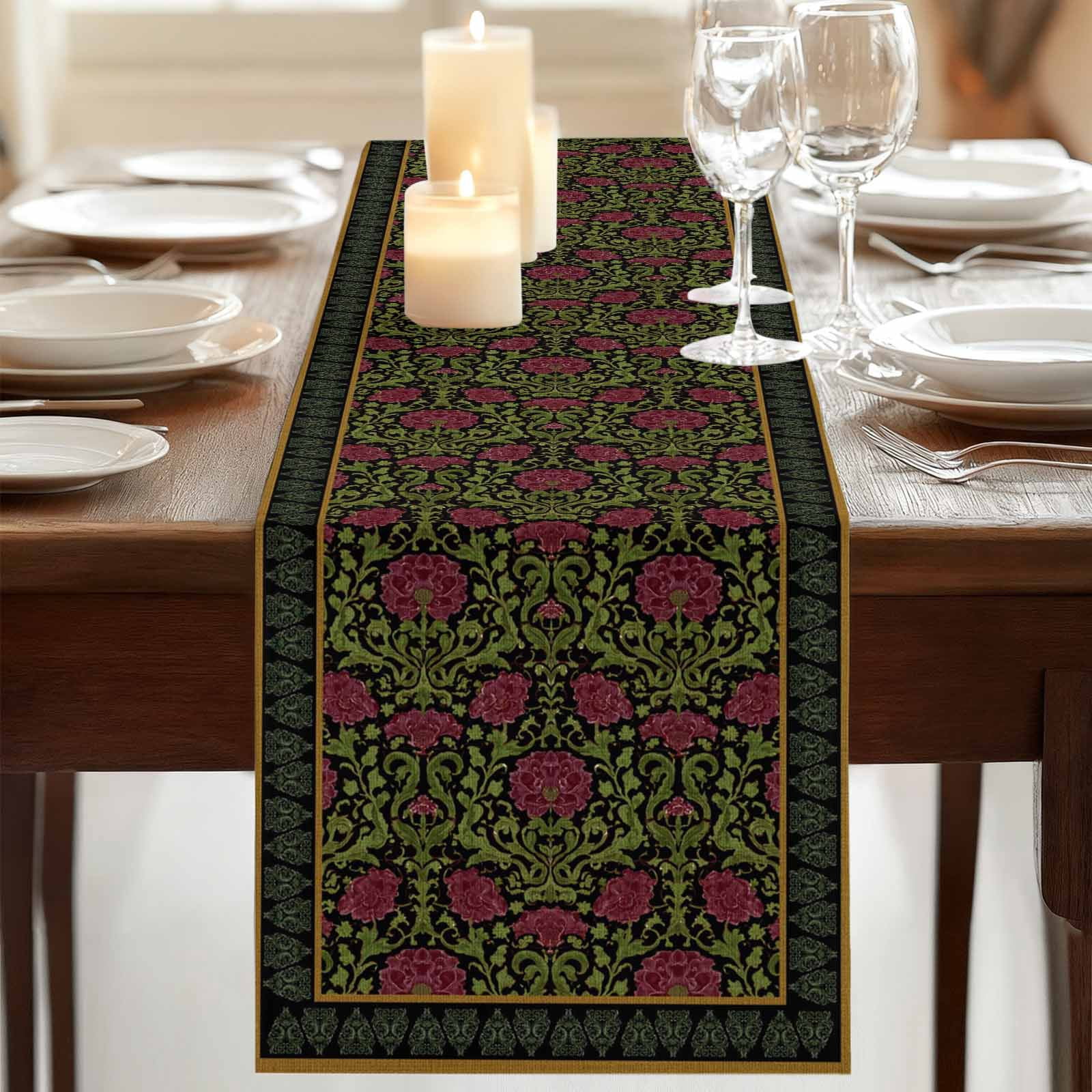 Table Runners 60 Inches Long Dress Scarves, Vintage Red Roses Farmhouse Kitchen/Dining Table Runner, Small Coffee Tablerunners, Abstract Art Floral Green Leaves 13x60 Inch
