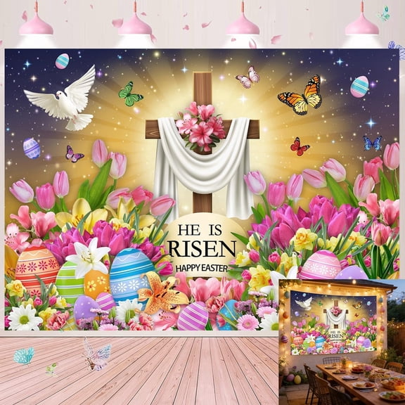 He is Risen Backdrop Jesus Resurrection Cross Lily Flowers Happy Easter Background Colorful Eggs Christian Religious Party Decorations Banner Supplies Photo Booth Props