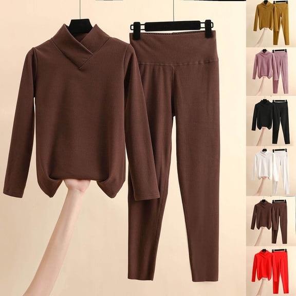 Feancey Thermal Sets for Women Ribbed Knit Base Layer Long Johns Underwear Fashion V Neck Tops and Bottoms Pajama 2 Piece Set Purple M