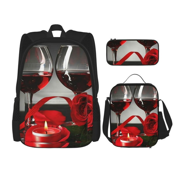 Balery Red Wine Rose Mochila Escolar 3 en 1 para Niños - Mochila Resistente con Lonchera Térmica y Estuche - Mochila Escolar para Niños y Niñas
