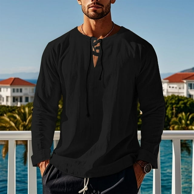 Blusas y camisas de manga larga con cuello en V para hombre, blusa informal de moda lisa con tirantes sueltos, blusa de manga larga con cuello en V, blusa de poliéster para hombre