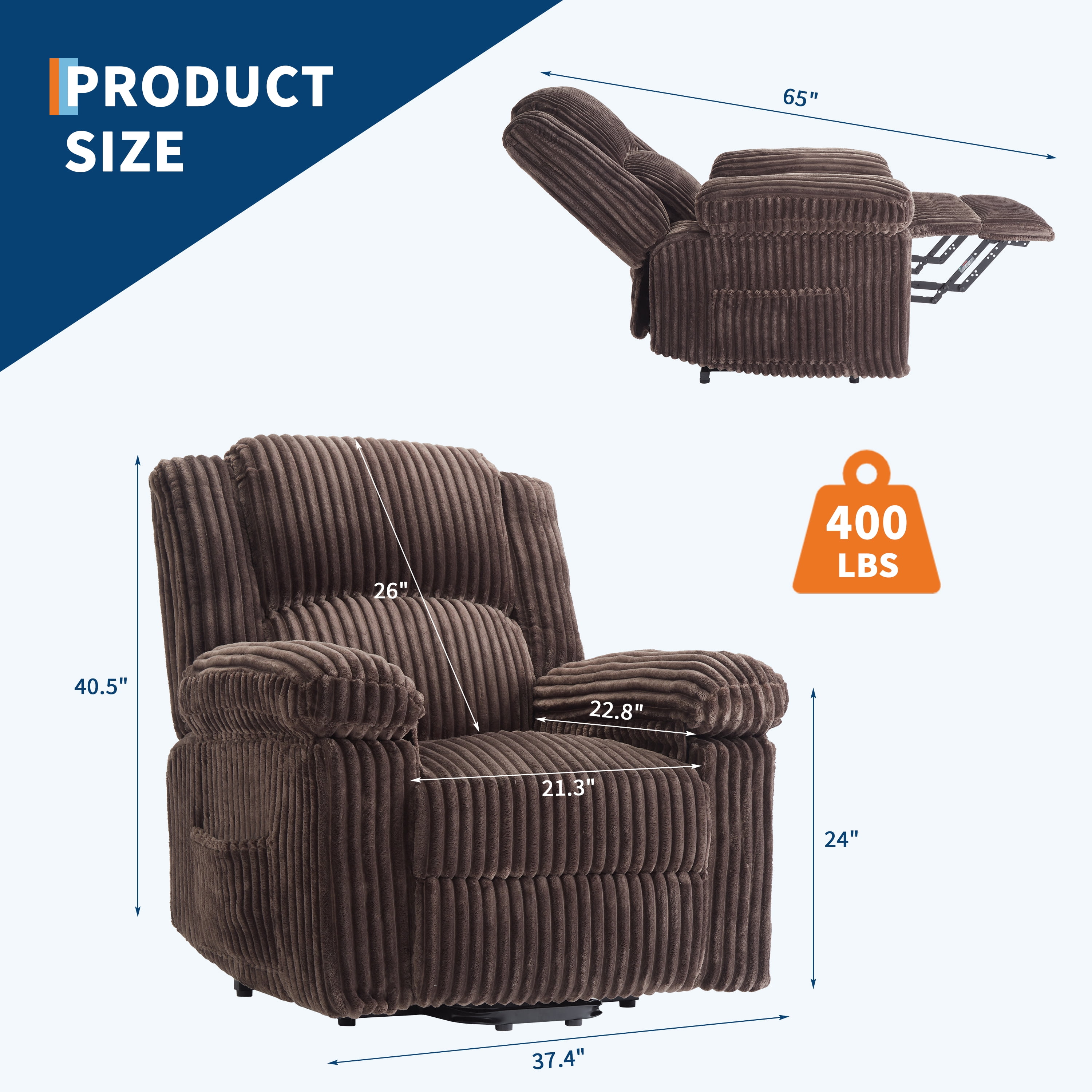 Garvee Corduroy Recliner Chair, Manual Adjustable 90°-160° Recliner Sofa with Side Pocket, Brown