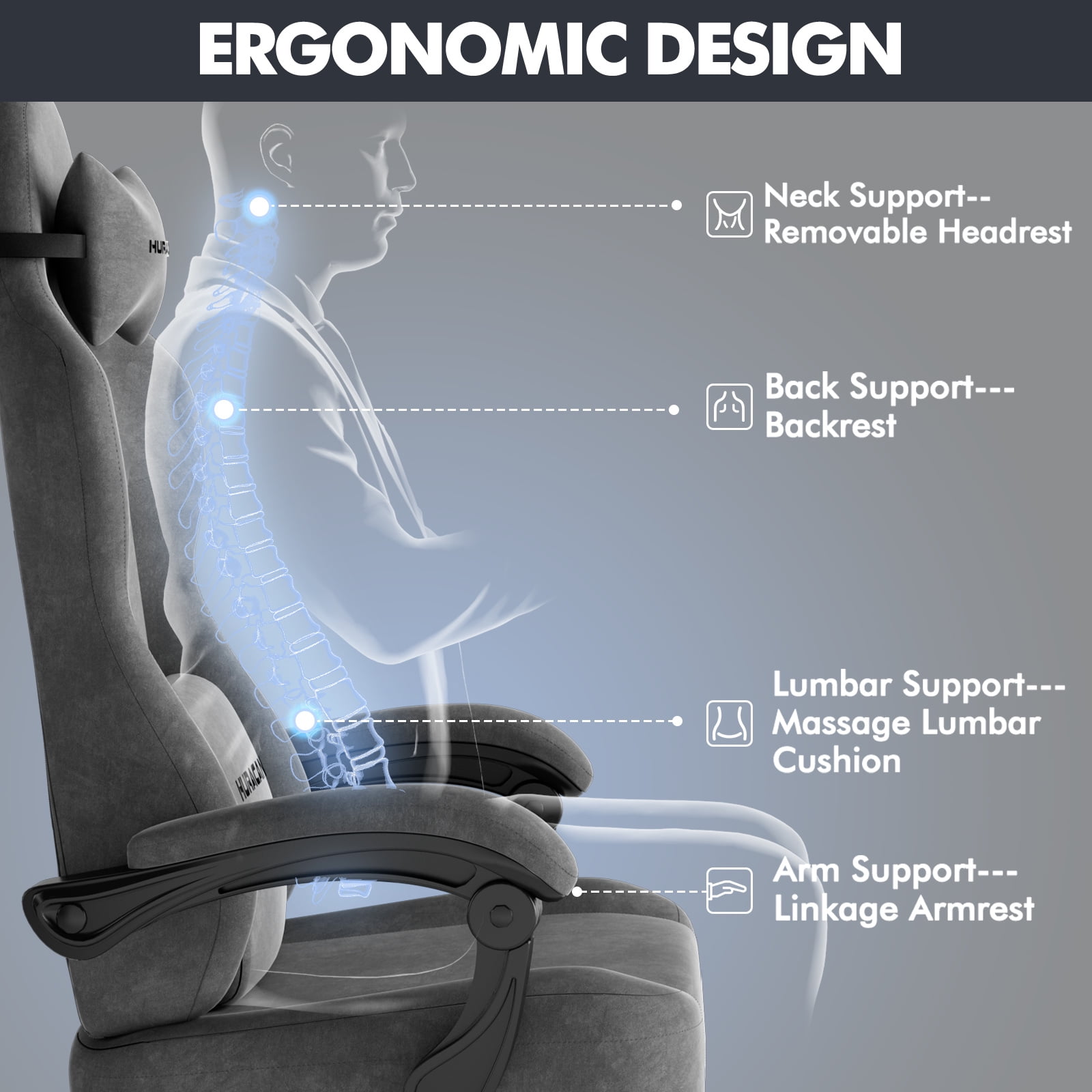 SOONTRANS Grey Gaming Chair for Adult, Velvet Fabric Ergonomic Comfortable Video Gamer Chair with Footrest, Reclining Office Computer Desk Game Chairs with Massage Lumbar Cushion, Headrest