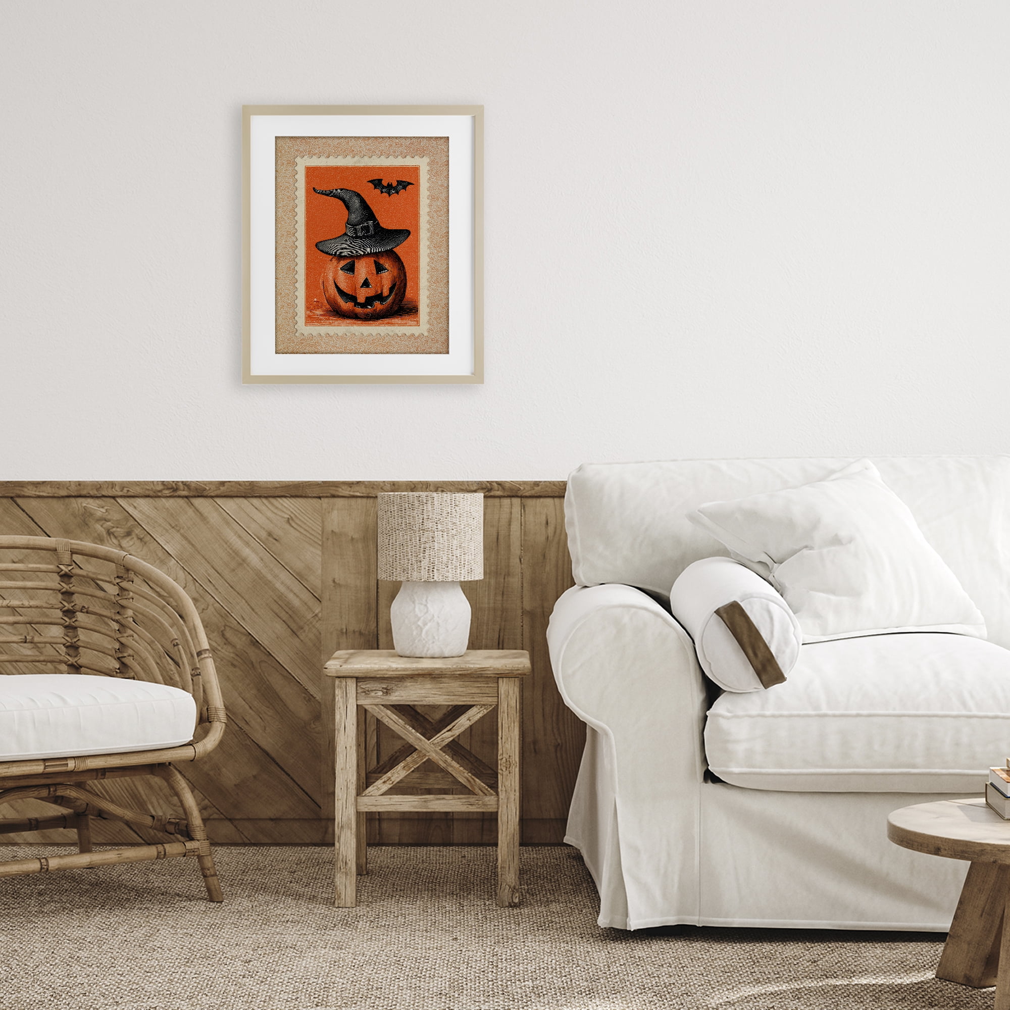 Vintage Jack-o-Lantern Stamp Birch Framed Print Under Glass, design by Arlington Prints