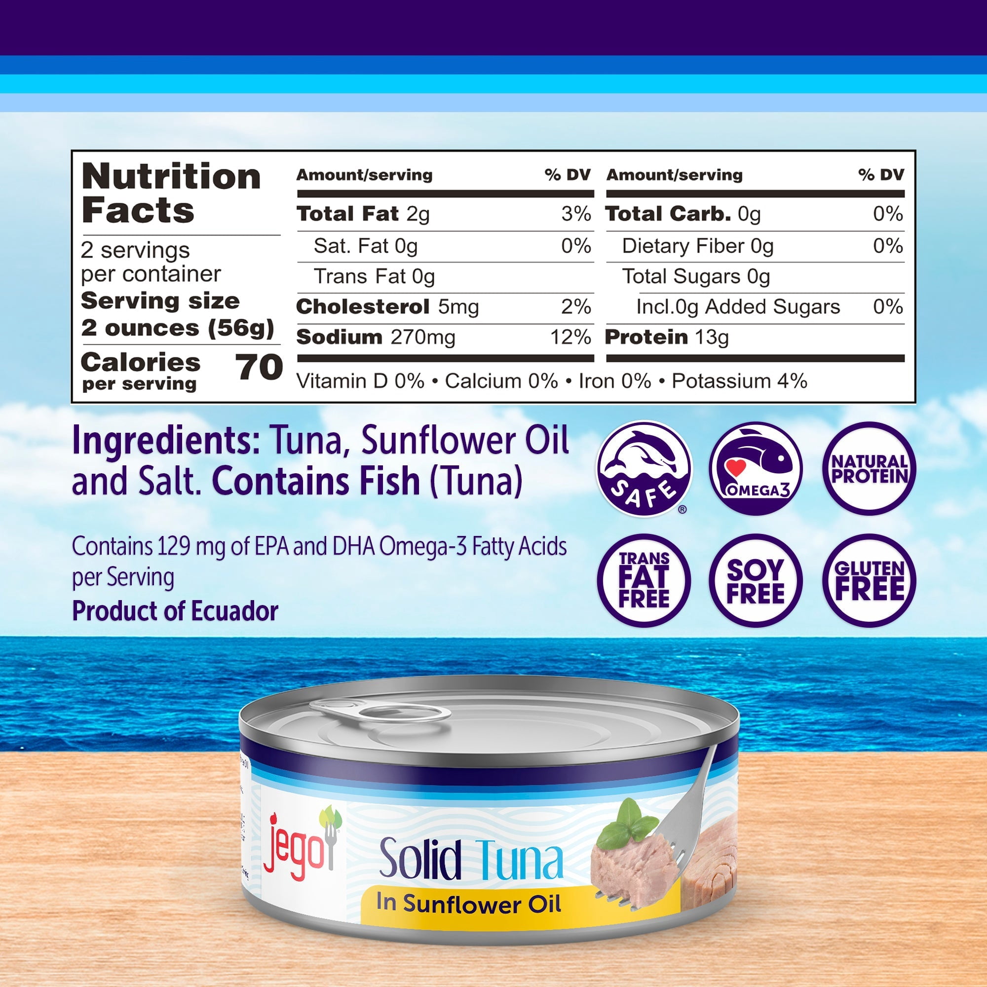 Jego Solid Tuna in Sunflower Oil | Wild Natural Catch Tuna | Keto | Low Carb | Gluten Free | Soy Free | Canned | Ready to eat | Pack of 12 | 5oz can