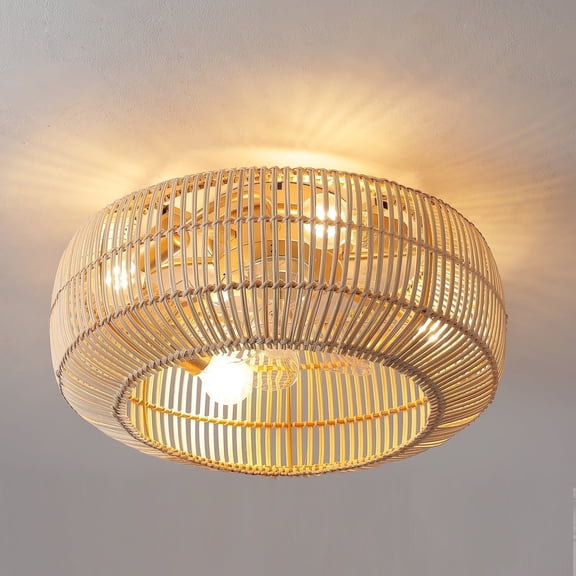 KAUDGHY 20in Boho Ceiling Fan with Light: Rattan Ceiling Fans with Lights and Remote; 6-Speed Reversible; Flush Mount Low Profile Caged Fandelier for Bedroom, Living Room, Kitchen