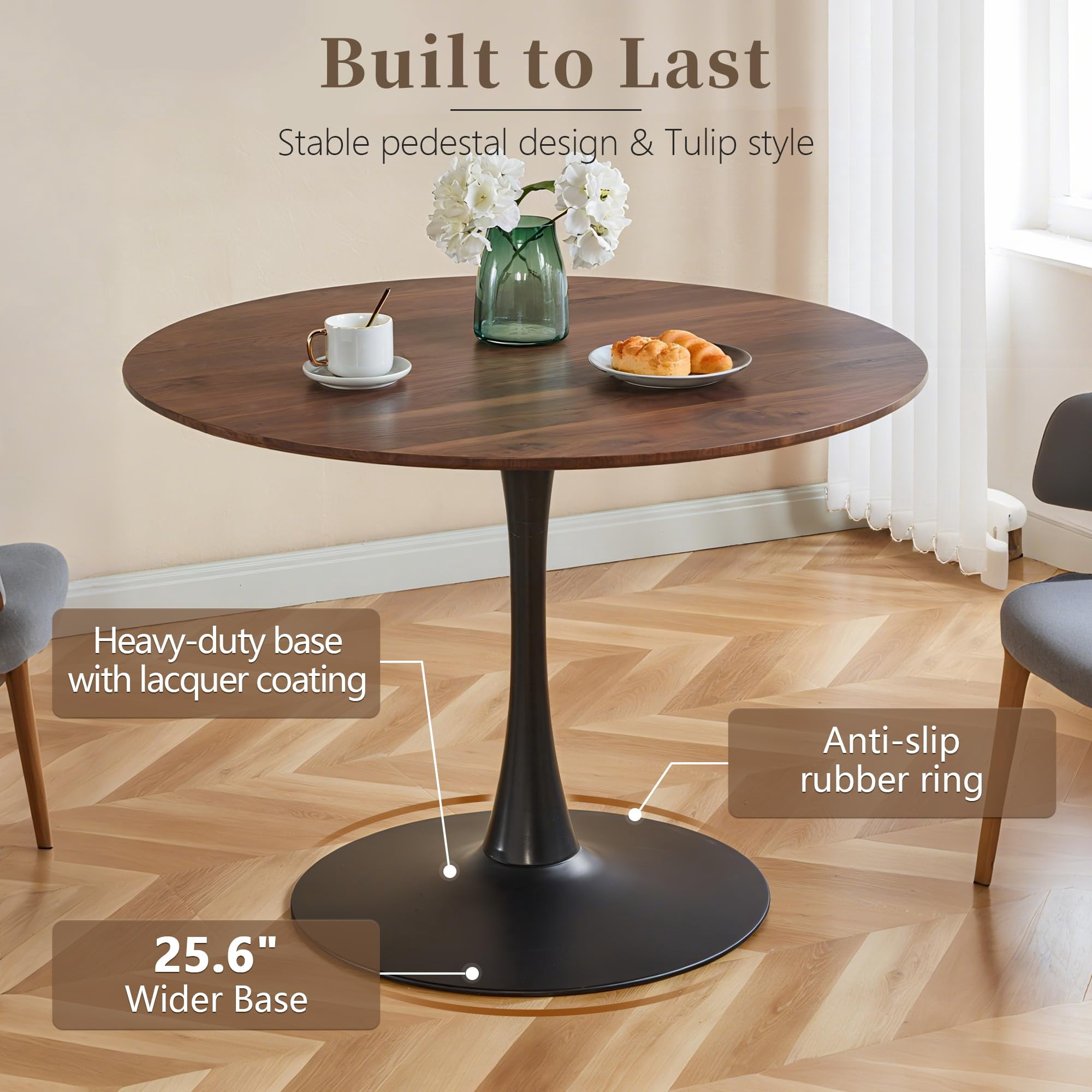 Miniyam 42" Round Pedestal Dining Table for 4-6, Small Kitchen Table with Wood Top, Walnut