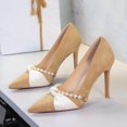 thumbnail image 2 of Women Pointed Toe Stiletto High Heels 10CM Satin Wedding Pumps Pearl Chain Bow Suede Shoes for Bride Prom Party, 2 of 5