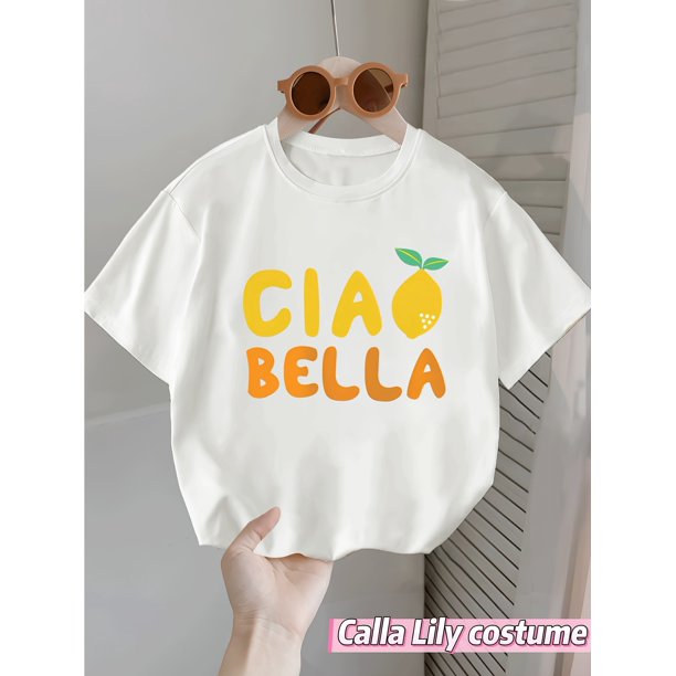 Girls' Summer Short Sleeve T-Shirt - White Stretchy Casual Top with Lemon Slice & "Ciao Bella" Graphic Print, Round Neck for Outdoor Play, Sports & Daily Activities, Cheerful Design | Comfortable Fit