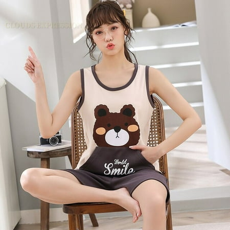 

QWZNDZGR Summer Knitted Cotton Cartoon Duck Mens Pajama Sets Men s Sleep&Lounge Sleeveless Shorts Pants Couple Pajamas Fashion Homewear