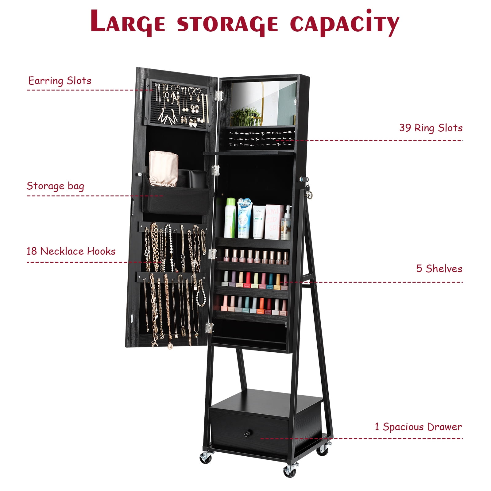 Freestanding Jewelry Armoire with Full Length Mirror, Lockable Organizer Cabinet with Drawer & Wheels, Black, High Capacity, Budget-Friendly for Small Bedrooms