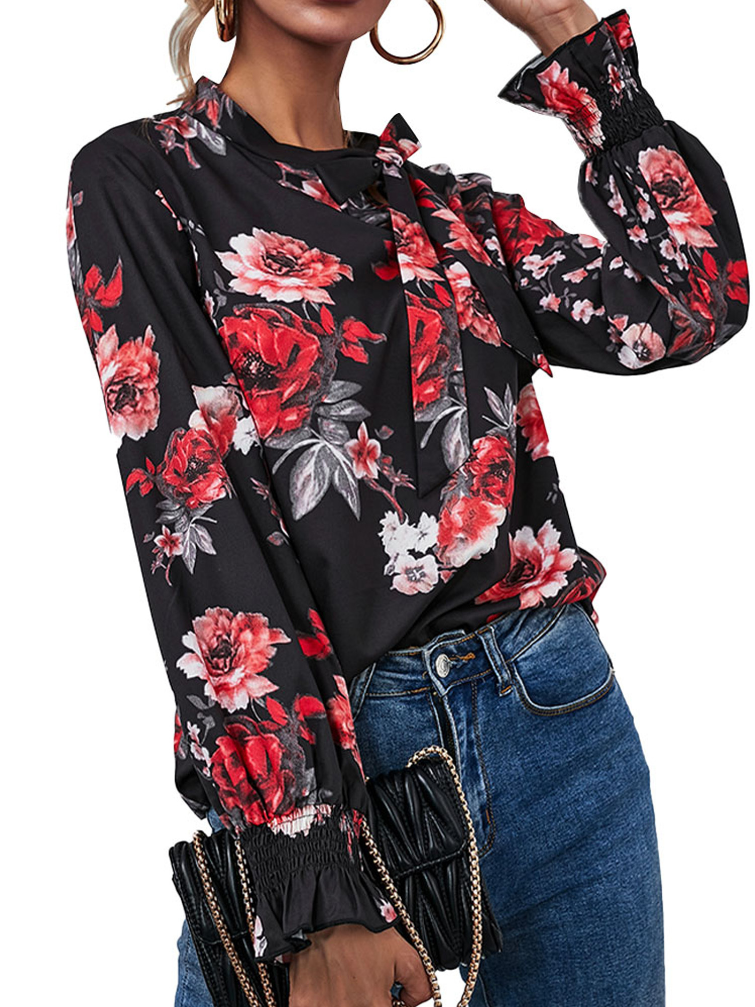 Womens Floral Shirts Long Sleeve Blouse 